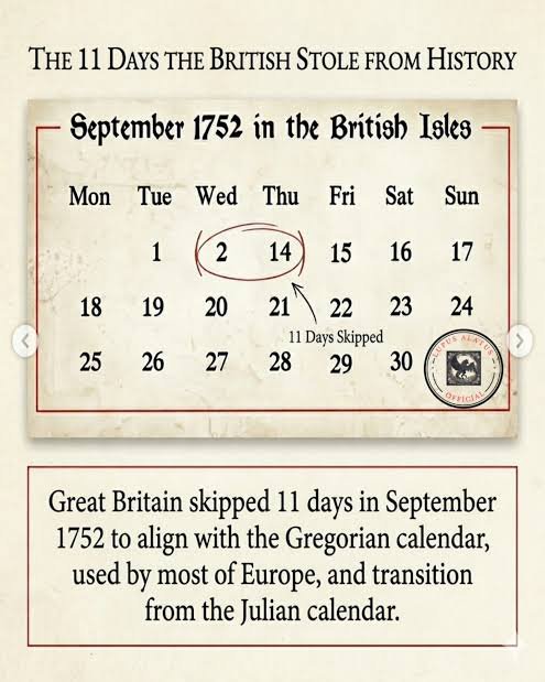 histories_arch's tweet photo. On September 2, 1752, Britain used the Julian calendar for the last time, going to bed as Wednesday, 2 September and waking up the following morning as Thursday, 14 September, with the 11 days in between simply erased from history.

The switch to the more accurate Gregorian calendar was made to correct centuries of drift caused by the Julian calendar's slightly inaccurate leap year system, bringing Britain finally into line with most of Western Europe, which had already made the change back in 1582.

The popular story of furious mobs rioting in the streets demanding "give us our eleven days" is now largely considered a myth, likely inspired by a satirical William Hogarth painting rather than any real historical unrest.

Some people genuinely feared the government had somehow shortened their lives by 11 days, while the tax year end was shifted from 25 March to 5 April to ensure nobody was unfairly taxed on a shortened year, a quirk of the calendar reform still in place today.

#archaeohistories