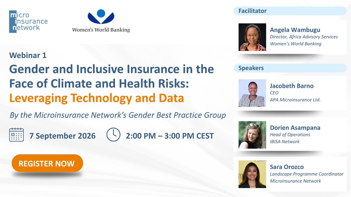 NetworkFlash's tweet photo. ⏳ Less than one week to go until the first webinar in the series “Gender and Inclusive Insurance in the Face of Climate and Health Risks”!
💡 Webinar 1: Leveraging Technology and Data
📅 Monday, 7 September 2026
⏰ 2:00–3:00 PM CEST
🔗 Register here: https://t.co/XRrjlBg2us https://t.co/1nTC5FCyVr