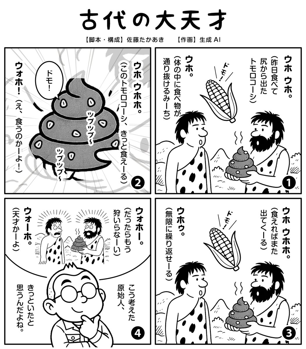 hatarakumeisi's tweet photo. 今週の４コマ漫画３本。
テーマは「人類進化のターニング���イント」。

（馬鹿な先人に感謝☆）

#うんこ #人類の進化 https://t.co/CK2ObKhAq4