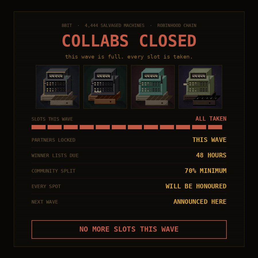 8BITzRelics's tweet photo. Collabs and whitelist are closed.

 All spots are allocated and will be honoured.

Partners: winner lists due within 30 hours. https://t.co/AtqeCEx2Zo