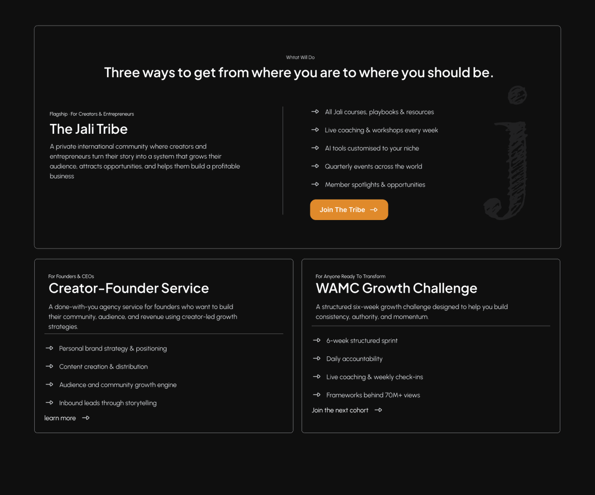 Monkele77's tweet photo. I redesigned the Jali Tribe website by @TheVictorOkafor 

I explored how the experience could make Jali’s value, different offerings, and user journey much clearer for creators and entrepreneurs.

From the Creator Journey → What You Get → finding the right path to join. https://t.co/CJntkpjM5B