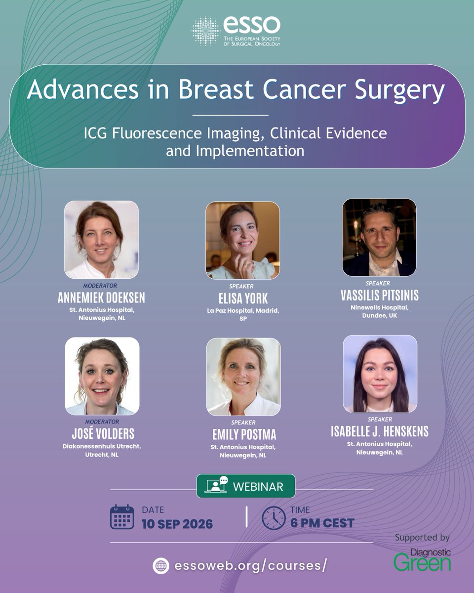 ESSOnews's tweet photo. 🖋️ 🟢 Explore the evolving role of Indocyanine Green (ICG) fluorescence imaging in breast cancer surgery in the upcoming webinar.

Register at: https://t.co/XE30izxrof

@DiagnosticGreen #ESSOwebinar https://t.co/qg690vDTLO