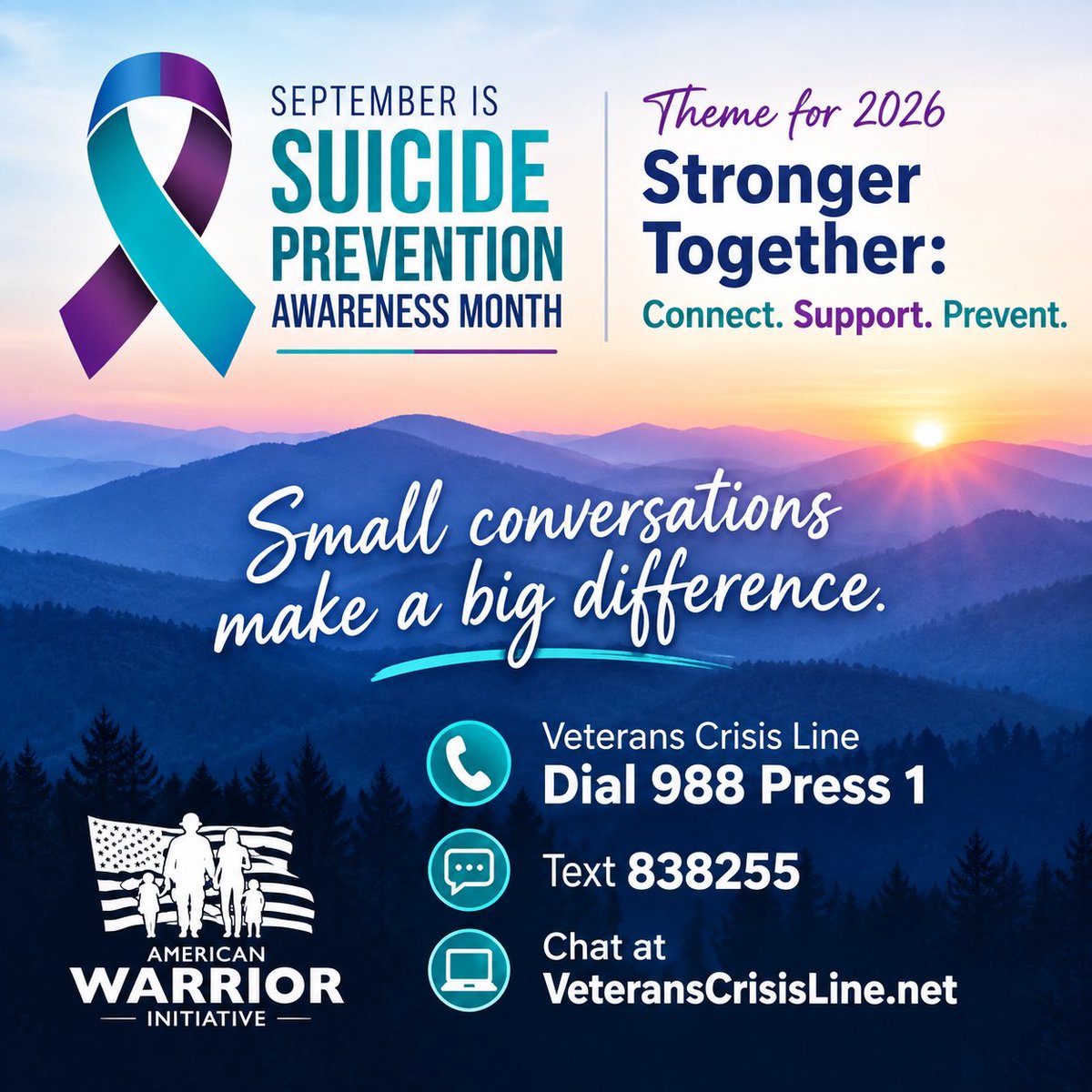 AW_Initiative's tweet photo. Suicide prevention is personal to us at the American Warrior Initiative. We’ve lost people we love, and far too many veterans are lost to suicide.

Reach out. Make the call. Send the text. Ask the second question. Listen.

Stronger Together: Connect. Support. Prevent. ���🩵 https://t.co/ZFhgyQw6Iu
