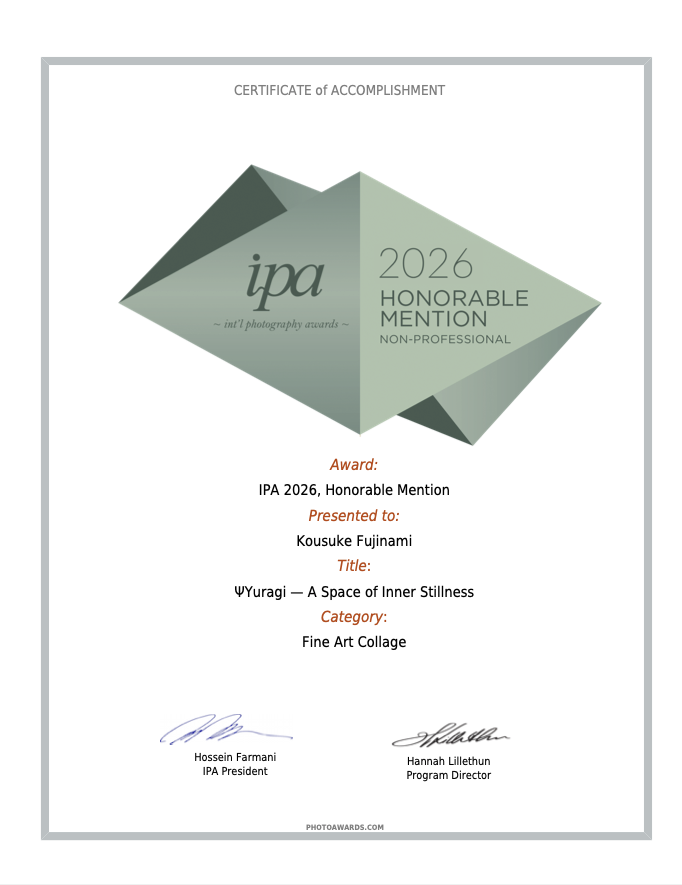 KousukeFujinami's tweet photo. ご報告

この度、IPA（International Photography Awards2026 ）Fine art  collage部門に入賞し、Juan Curto審査員選出 トップ5に選ばれましたことをご報告いたします。
Juan Curto氏から「美しく、宇宙的な夜景写真」というコメントをいただき感激しております。
これを励みにまた精進して参ります。 https://t.co/ZJl9qs0gsL