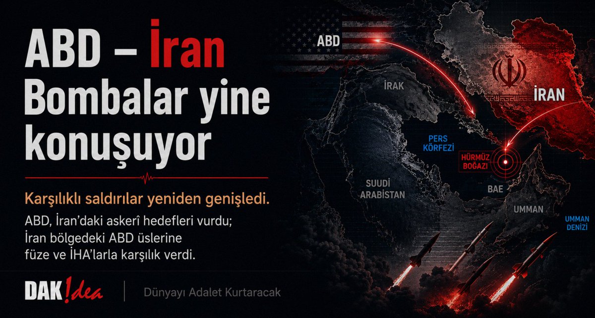 DAK_idea's tweet photo. Körfezde yine bombalar  konuşuyor. ⚠️

ABD, İran’daki askerî hedefleri vurdu; İran bölgedeki ABD üslerine füze ve İHA’larla karşılık verdi. Çatışma Hürmüz’de deniz trafiği ve petrol akışını da yeniden tehdit ediyor.

#sondakika #İran #dünyayıadaletkurtaracak https://t.co/QWJyebNSoH