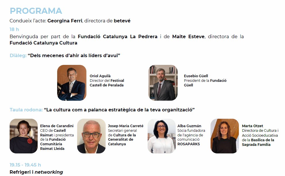 fcatcultura's tweet photo. 📌 Jornada "Quan la cultura esdevé estratègia empresarial"

🗣️El dimarts 8 de setembre parlarem de com la cultura pot esdevenir una palanca estratègica per a les organitzacions.

📍Fundació Catalunya La Pedrera (@FCLP_Fundacio)
🕧 18 h

T'hi esperem! ➡️https://t.co/o3GVBOWjhv https://t.co/jKkjQgFbLR