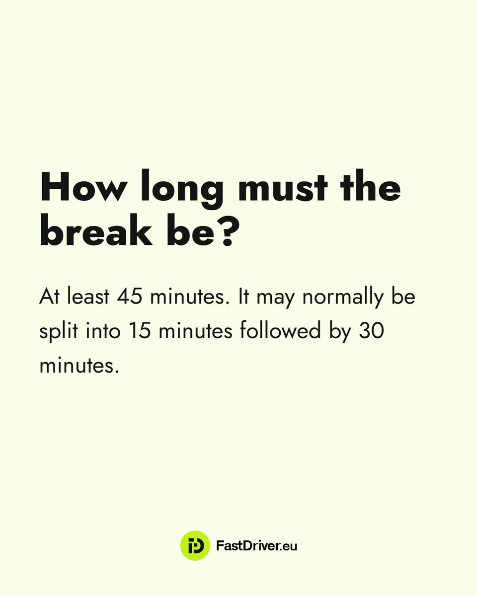 FastDriverEU's tweet photo. How long must a truck driver’s break be in Europe? 🚛

EU rules require a minimum 45-minute break after the required driving period.

This can normally be split into 15 minutes + 30 minutes.

https://t.co/PzuPQAQ4Pn

#FastDriverEU #TruckDriver #HGVDriver https://t.co/Wf1imwc4Lp