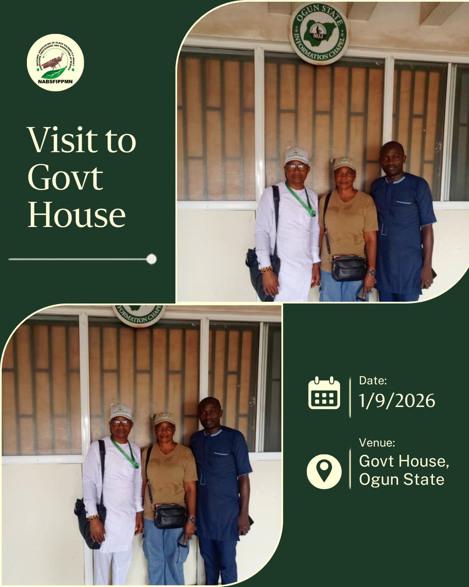 NABSFIPPMN's tweet photo. Our executives visited the Ogun State Government House to submit letters to the Commissioner for Agriculture, the Permanent Secretary, and the Governor.

A step towards stronger partnerships and greater farmer involvement.

Date: 1/9/2026
Venue: Ogun State Government House https://t.co/SlzJJR1Eaa