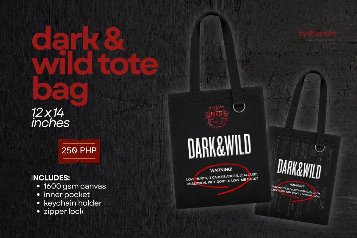 aviekt's tweet photo. [ ADDED ] 🖤
★ DARK&amp;WILD tote bag - 4 ver.

💸 ₱250
📆 DOO: 09/10
💳 DOP: 09/11
same order link below

🌐 Open for WW GO w/ PH ADD (dm)
💌 SDM is avail in form

t. bts functional merch jeon jungkook kim taehyung park jimin jung hoseok hobi min suga yoongi jin seokjin namjoon rm https://t.co/RUFUMNvwzZ