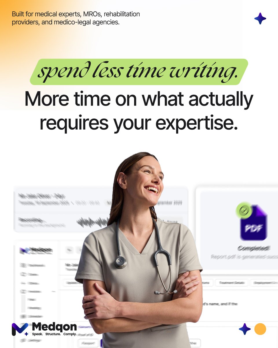 medqon's tweet photo. Your expertise belongs in the assessment - not buried in formatting, structuring and repetitive admin.
With Medico Reports, simply dictate, review and let AI help structure your report in real time.

#Medqon #medicoreports #medicovault #mros #medicolegalagencies #medicolegal #uk https://t.co/Mh62bwca9r