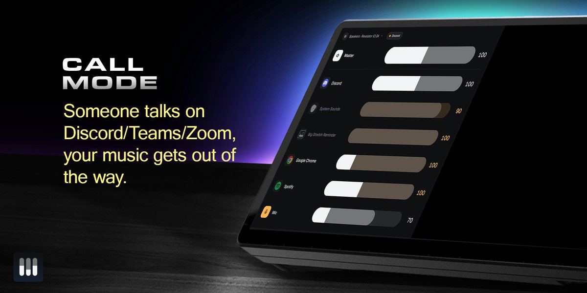 GetFlowKits's tweet photo. Volume Mixer's first update (1.1) is live. 

New "Call mode" option. Put simply it will duck audio when someone is talking in Discord, Teams or Zoom. No account to connect, it just watches which app is holding your mic. It's experimental at this stage, so if you have any feedback, get in touch :)