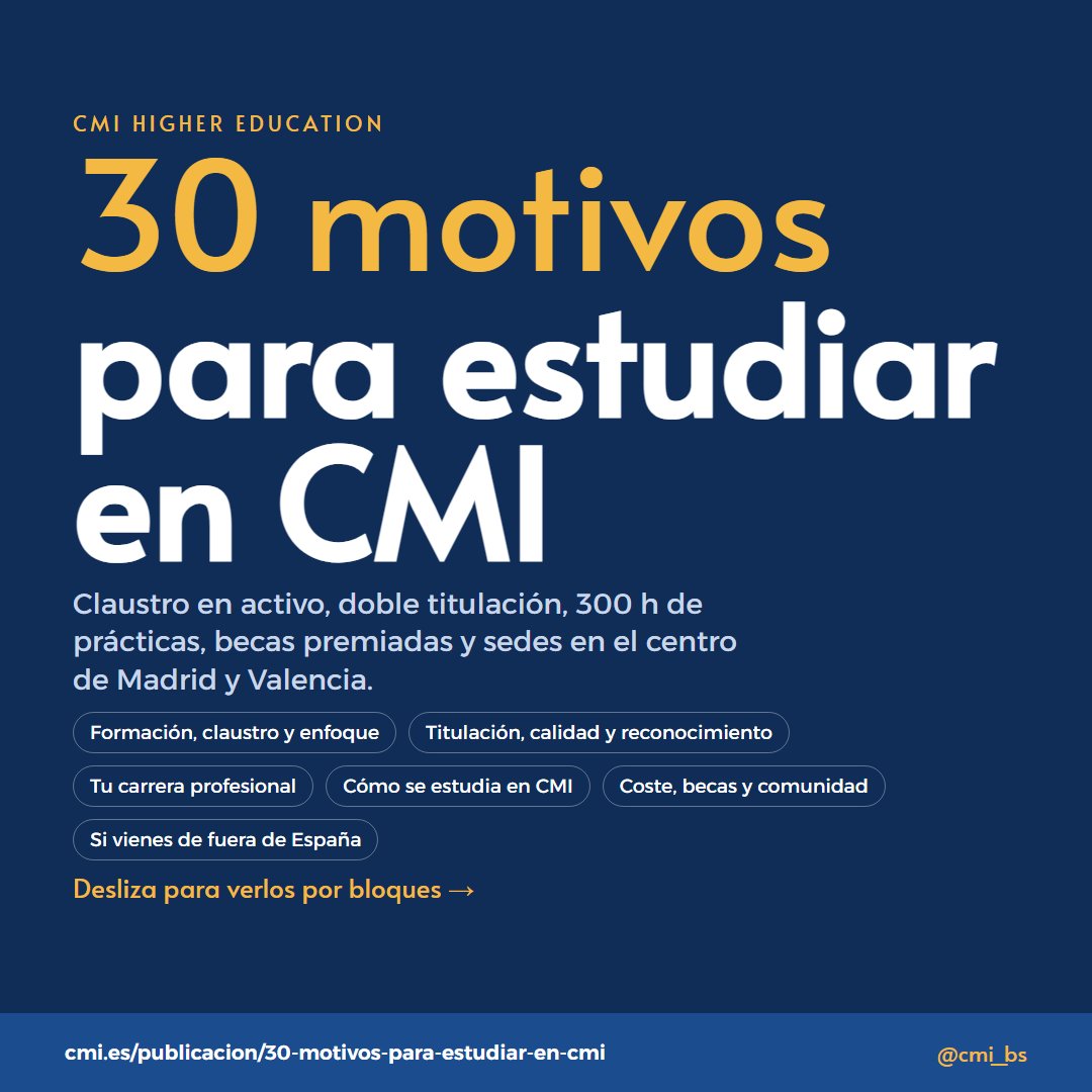cmi_bs's tweet photo. 30 motivos para estudiar en CMI Higher Education 🎓

• 75 % del claustro, doctores y directivos en activo
• 300 h de prácticas en todos los másteres
• 97 % de empleabilidad
• 1.ª escuela de negocios B Corp de España

Los 30, aquí 👇
https://t.co/BMv68CQPPV https://t.co/ReUanCFQ47