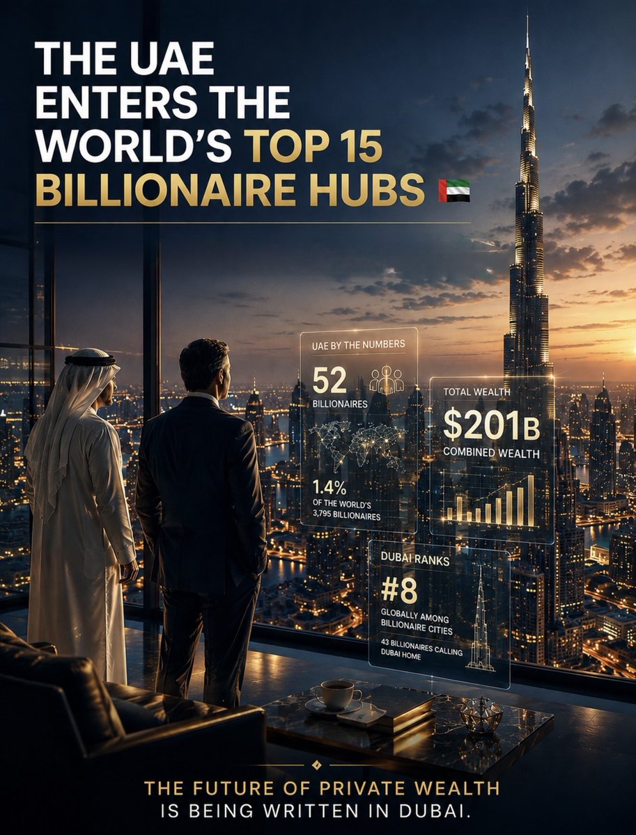 Dr_BuAbdullah's tweet photo. The UAE Enters the Top 15 Billionaire Hubs Globally 💰🇦🇪

Dubai is no longer just a millionaire magnet — it's officially a billionaire capital.

According to Altrata's Billionaire Census 2026, the UAE has broken into the world's Top 15 billionaire markets:

🔹 52 Billionaires calling the UAE home
🔹 $201 Billion in combined wealth
🔹 1.4% of the world's 3,795 billionaires
🔹 Dubai #8 globally among billionaire cities with 43 billionaires — ahead of Paris, Washington & Mumbai — tied with Shenzhen

The UAE now ranks just behind Saudi Arabia (59 billionaires, $175B), and ahead of major global economies. Despite a 1.9% YoY dip in population, total wealth held continues to grow — a sign of a maturing, resilient wealth ecosystem.

Why Dubai?
As Altrata notes, it's driven by non-oil diversification, sovereign infrastructure programs, and the mobility of capital — plus unmatched access to networks, finance, and lifestyle.

The UAE is not just attracting wealth, it is building the infrastructure to manage, grow and preserve it for generations.

#UAE #Dubai #Billionaires #Altrata #WealthManagement #UHNWI #DrBuAbdullah #DubaiEconomy