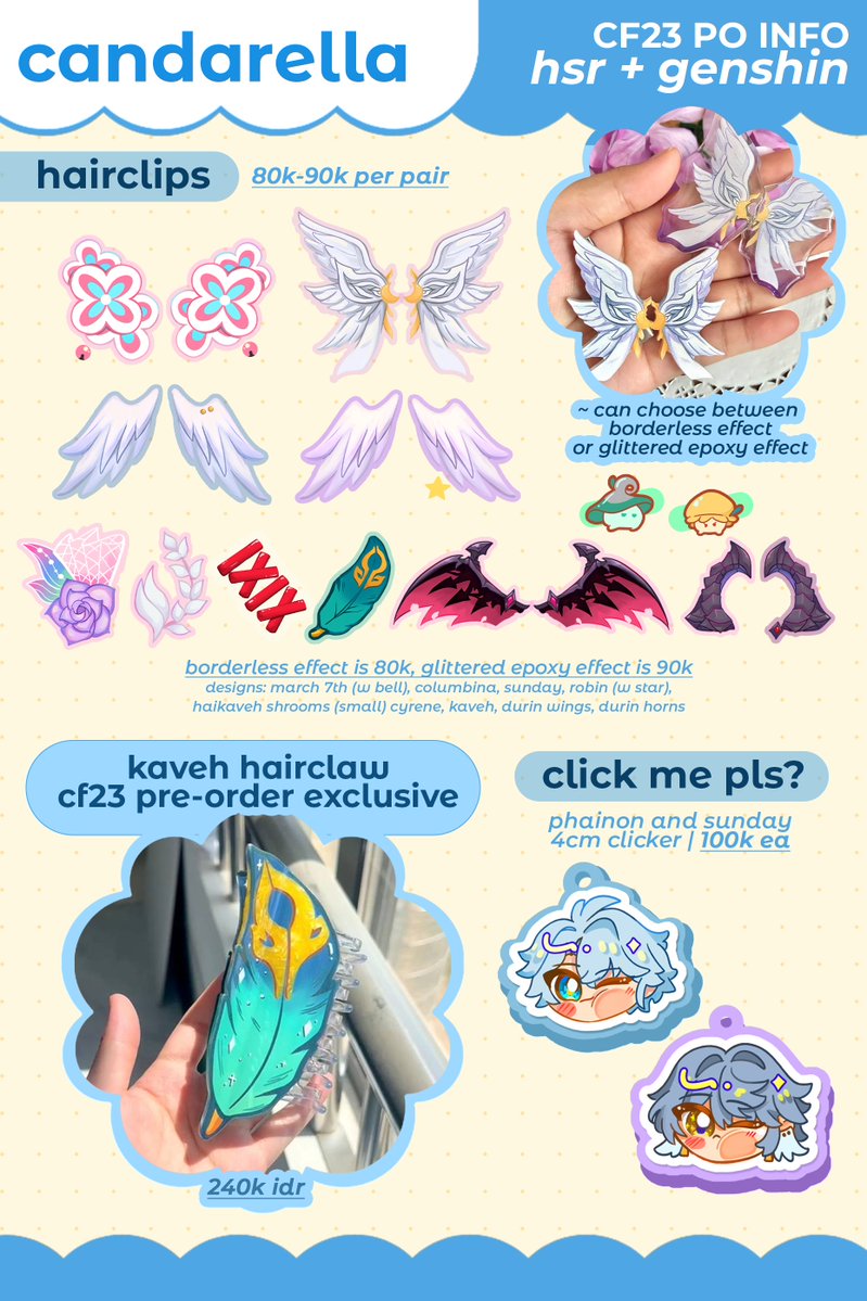 __candarella's tweet photo. [hanlo pls 🔁🧡✨]

🌟CF23 PO CATALOGUE (BATCH1) 🌟

📅 Sep 2-Sep 14
🛍️ po and ots
🌸 hairclips, kaveh hairclaw, handfans, microfiber cloth, acrylic/woodcharms
✨ pokemon, persona, orv, silent hill f, valorant, jjba, hsr, genshin
🔗 in thread!

#cf23 #cf23catalogue #comifuro23 https://t.co/TWmRdFbDcy