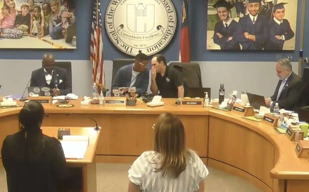 PavementEducat1's tweet photo. @brendenjonesNC @JakeJohnson @RepHarryWarren @NCValues @ThomasMoreSoc Was the conduct of WCPSS board in violation of the NC Open Meetings Law? Several times Chair Swanson left his seat and conferred in whispers with other members of the board when discussing policy revisions and changes.