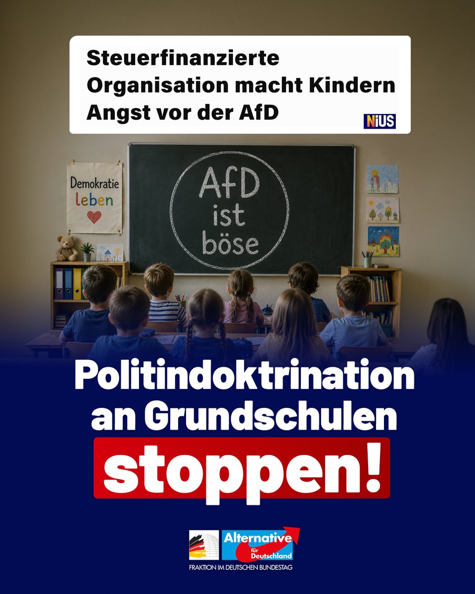 AfDimBundestag's tweet photo. „Die Berichte aus dem Saalekreis sind zwar #schockierend, kommen aber nicht überraschend. Die von ‚Demokratie leben!‘ geförderten Projekte produzieren geradezu im Wochentakt Skandalmeldungen, ohne dass ein Umdenken bei den politischen Verantwortlichen erkennbar wäre. 

Dass bereits #Grundschüler von mit üppigen Steuergeldern finanzierten #linken #Politaktivisten in den zur #Staatsdoktrin mutierten Kampf gegen die politische Rechte in Deutschland hineingezogen werden, erinnert an finstere Zeiten der deutschen Geschichte. Der Beutelsbacher Konsens, der das Verbot der politischen Überwältigung von Schülern vorsieht, ist in Deutschland unübersehbar in Auflösung begriffen. Schuld daran trägt auch das unter #CDU-Kanzlerin Merkel initiierte und von Karin #Prien gehegte Programm ,#Demokratieleben!‘. 

Die #AfD-Fraktion im Deutschen Bundestag hat unentwegt die sofortige Einstellung dieses Pseudo-Demokratieprogramms, das grundgesetzwidrig eine politische Willensbildung von oben nach unten betreibt, gefordert und tut dies auch weiterhin. Bundesministerin Prien muss jegliche politische #Indoktrinierung an unseren Schulen sofort unterbinden!“

@M_Reichardt_AfD, bildungs- und familienpolitische Sprecher der AfD-Bundestagsfraktion, zum Vorfall an einer Grundschule im sachsen-anhaltinischen #Braunsbedra. Dort haben Vertreter eines sogenannten Demokratieprojekts Kindern anhand von furchteinflößenden, dystopischen Ansichten von Straßenzügen eine düstere Zukunft für den Fall einer AfD-Regierung vorgestellt. Das verantwortliche Netzwerk „Weltoffener Saalekreis“ wird mit Mitteln des von Bundesfamilienministerin Karin Prien (CDU) verantworteten Bundesprogramms „Demokratie leben!“ gefördert.
