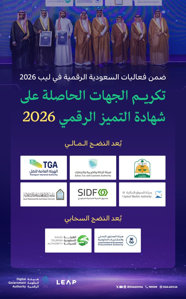 DgaGovSa's tweet photo. تكريم الجهات الحكومية الحاصلة على شهادة #التميز_الرقمي، وذلك ضمن فعاليات معرض #السعودية_الرقمية بمؤتمر #LEAP5 https://t.co/oWjNTVHJS3