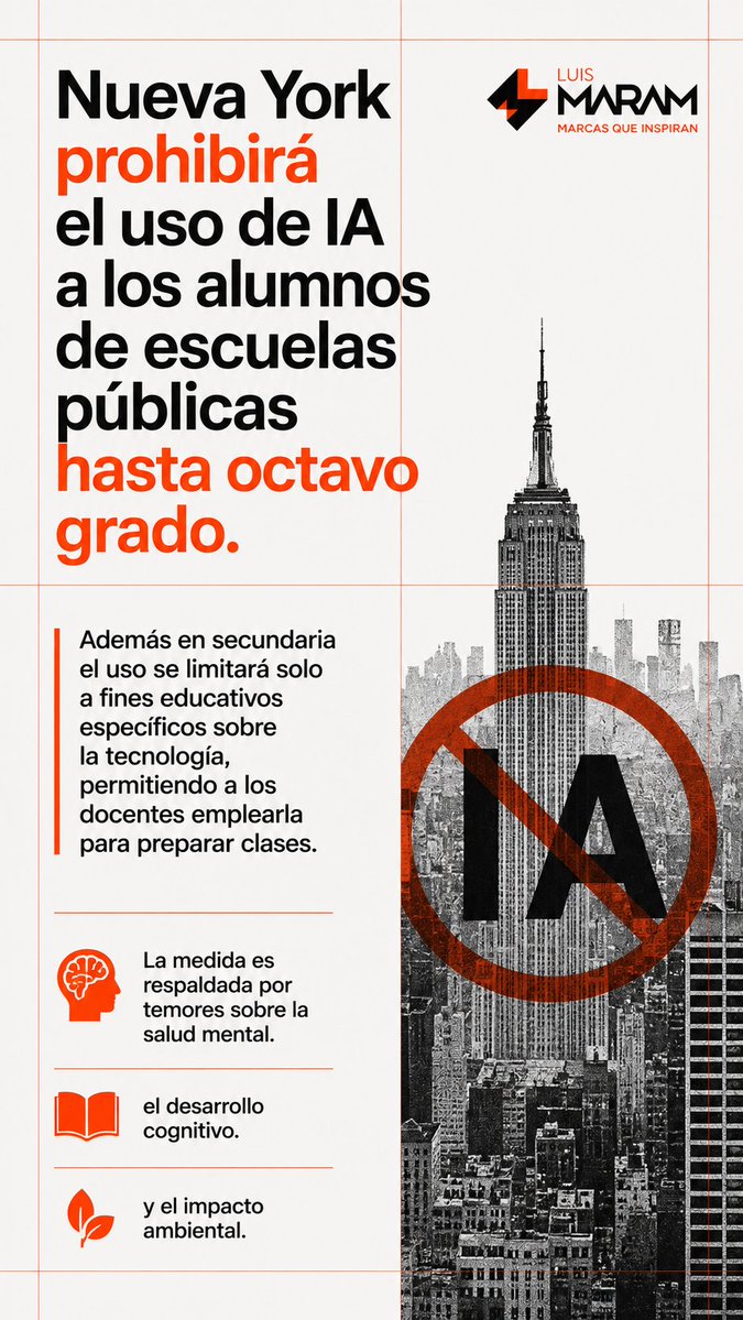 luismaram's tweet photo. Las nuevas normas en Nueva York 🗽, además del bloqueo a la #IA también prevén limitar el tiempo frente a la pantalla 📱 y prohibir los chatbots de compañía 💬. https://t.co/pWXRdwwGfR https://t.co/EW8uFpC13h