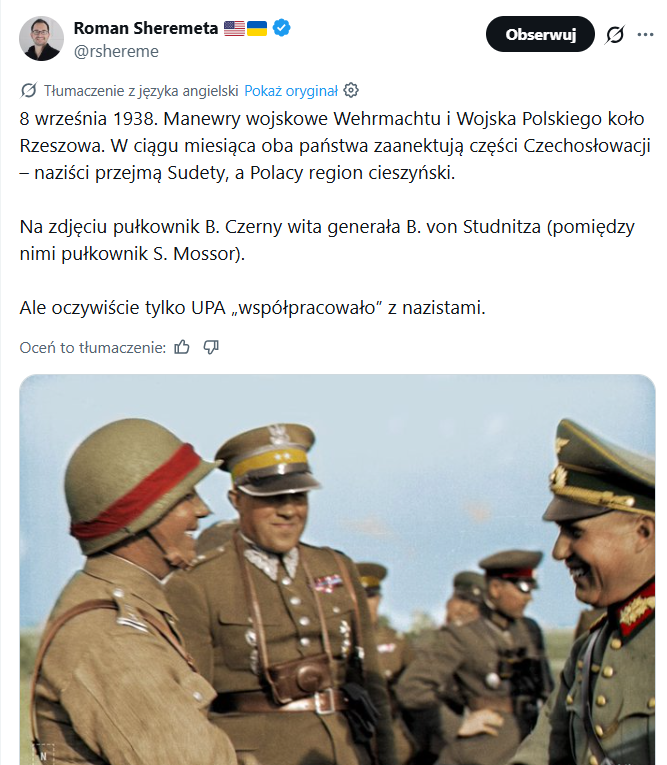 scypion2000's tweet photo. Ukraińcy próbują oczerniać Polskę wykorzystując zdjęcia z przedwojennych manewrów Wojska Polskiego na które, zgodnie z ówczesną etykietą, byli zapraszani obserwatorzy z innych państw w dyplomatycznej randze wojskowych attaché. To tyle na temat wdzięczności za naszą pomoc. https://t.co/knTQ4oPil3