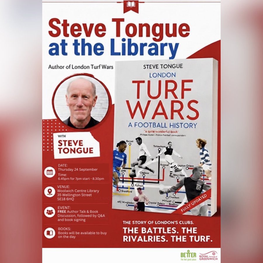 WoolwichLibrary's tweet photo. This month author @stevetongue will be speaking at #WoolwichLibrary! He will be sharing his book London Turf Wars: A Football History with us + followed by Q&amp;A and book signing. #LoveYourLibrary https://t.co/bEIXg45iuo