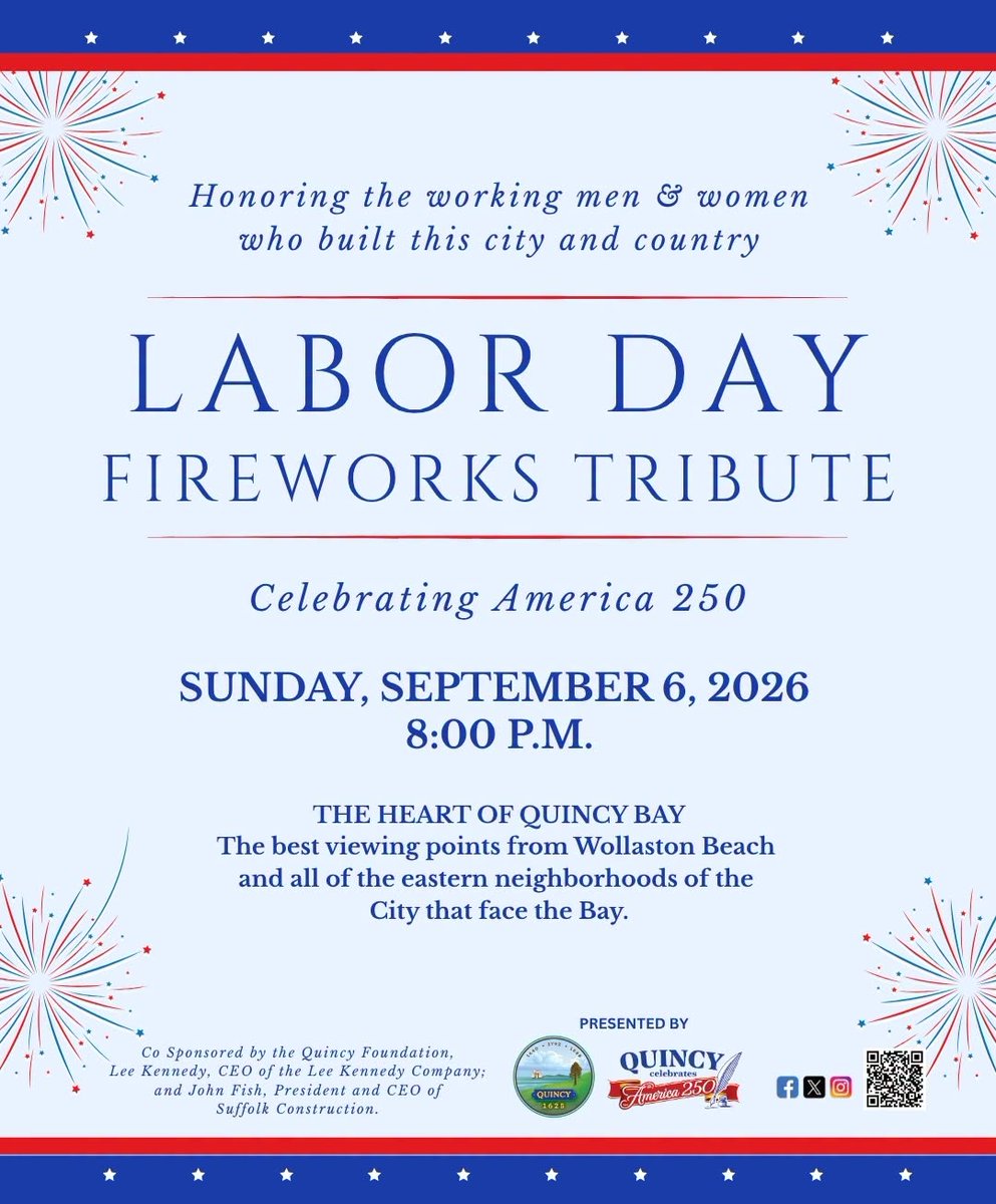 TheBostonIrish's tweet photo. This Sunday, Sept 6 at 8pm, the @CityofQuincy @mayortomkoch and @DiscoverQuincy invite you to the #LaborDay #fireworks over Quincy Bay, in honor of working men + women who built this city and nation.
https://t.co/iZlfkigWgO
#meetboston #wollastonbeach #marinabay #Bostonharbor
@seeplymouth @quincyma400 @quincychamberc @SSChamber @MarkCarey1 @MbbaQuincy @BostonHarborNow