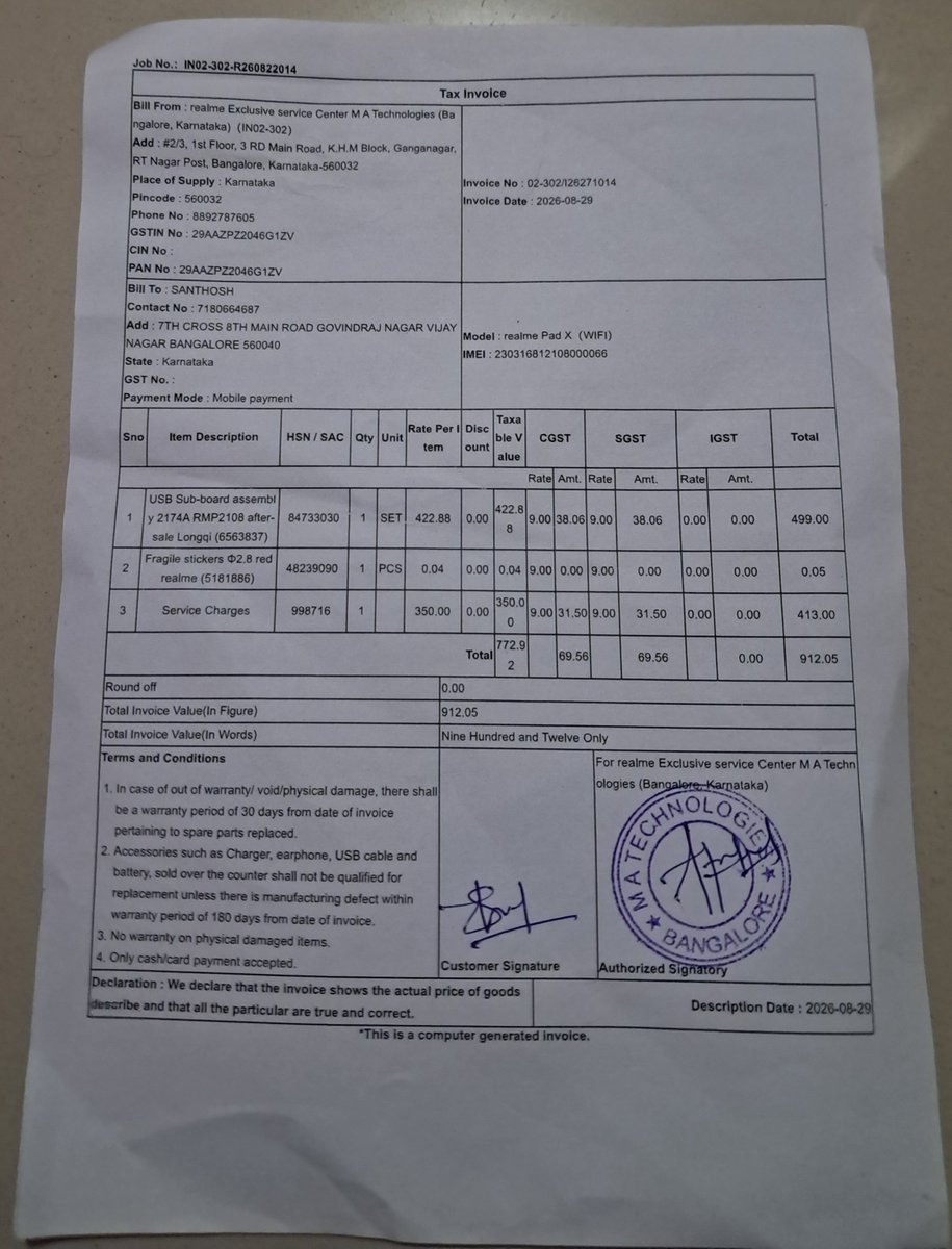 SANTOSHBID78671's tweet photo. Complaint Regarding M A technologies exclusive realme authorised service centre Bengaluru.
I Went to there to Change my Realme pad X with (Tempered glass) Charger port. but after finishing work They damaged my part of my pad display and not took any responsibility.
@realmecareIN https://t.co/iUtkrOg45I