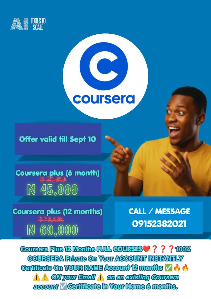 AbbydTechExpert's tweet photo. 🚨 LIMITED-TIME DEALS! 🚨

Need affordable access to Claude API credits or Coursera Plus? We’ve got you covered! 🔥

💻 Claude API credits from ₦15,000
📚 Coursera Plus from ₦45,000
⏳ Coursera discount offer valid till Sept. 10

📩 DM to order / make enquiries.

#ClaudeAPI #Coursera #TechDeals #AITools #TechNigeria #Learning #Developers #Students