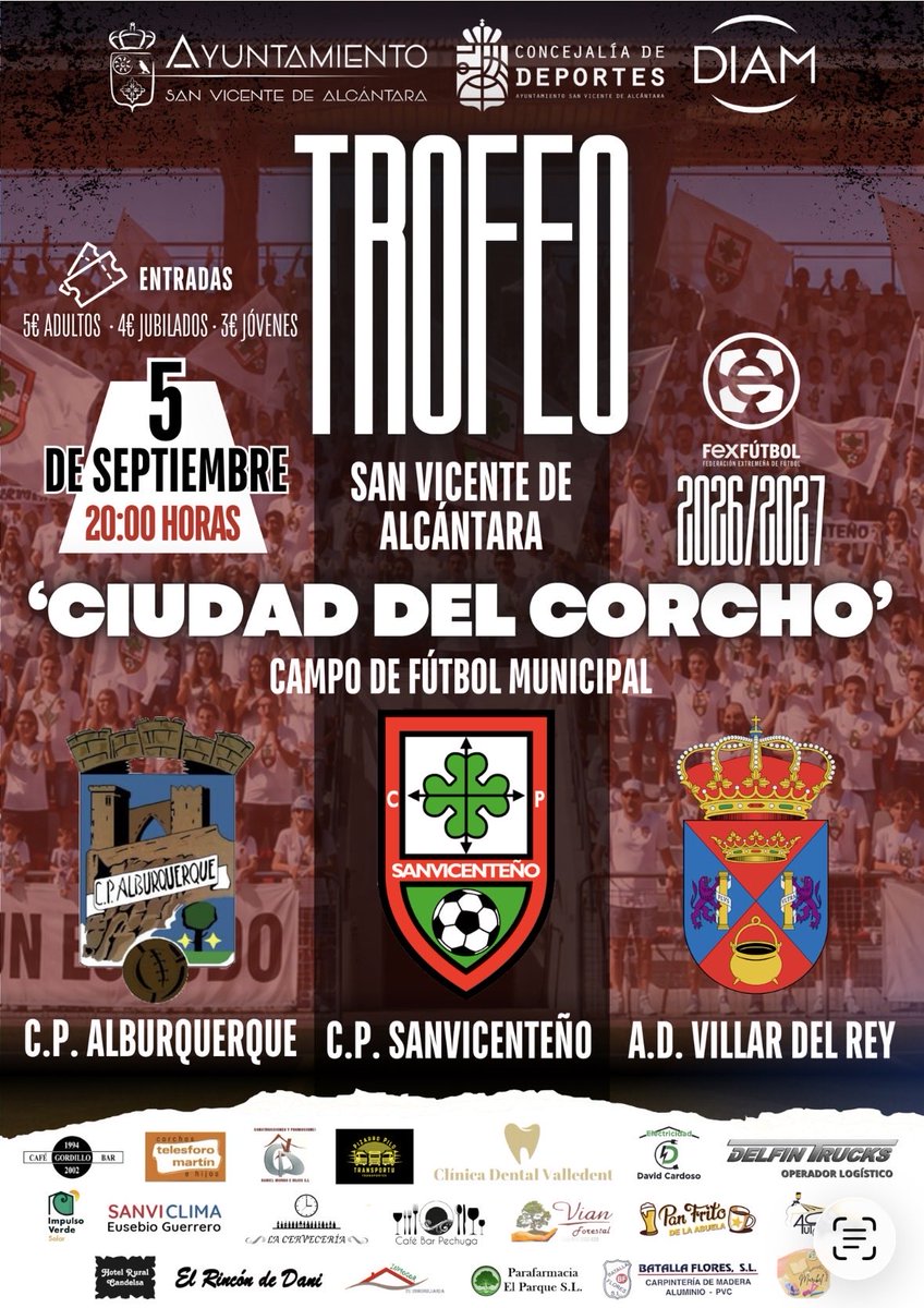 Cpsanvi's tweet photo. 🏆 ¡Llega el Trofeo del Corcho! ⚽💚❤️

Este sábado 5 de septiembre tienes una cita con el mejor fútbol en San Vicente de Alcántara.

🕗 20:00 h | Albuquerque 🆚 Villar del Rey

🕘 21:00 h | Sanvi 🆚 Perdedor del primer partido

🕙 22:00 h | Sanvi 🆚 Ganador del primer partido https://t.co/kYeIahVFiF