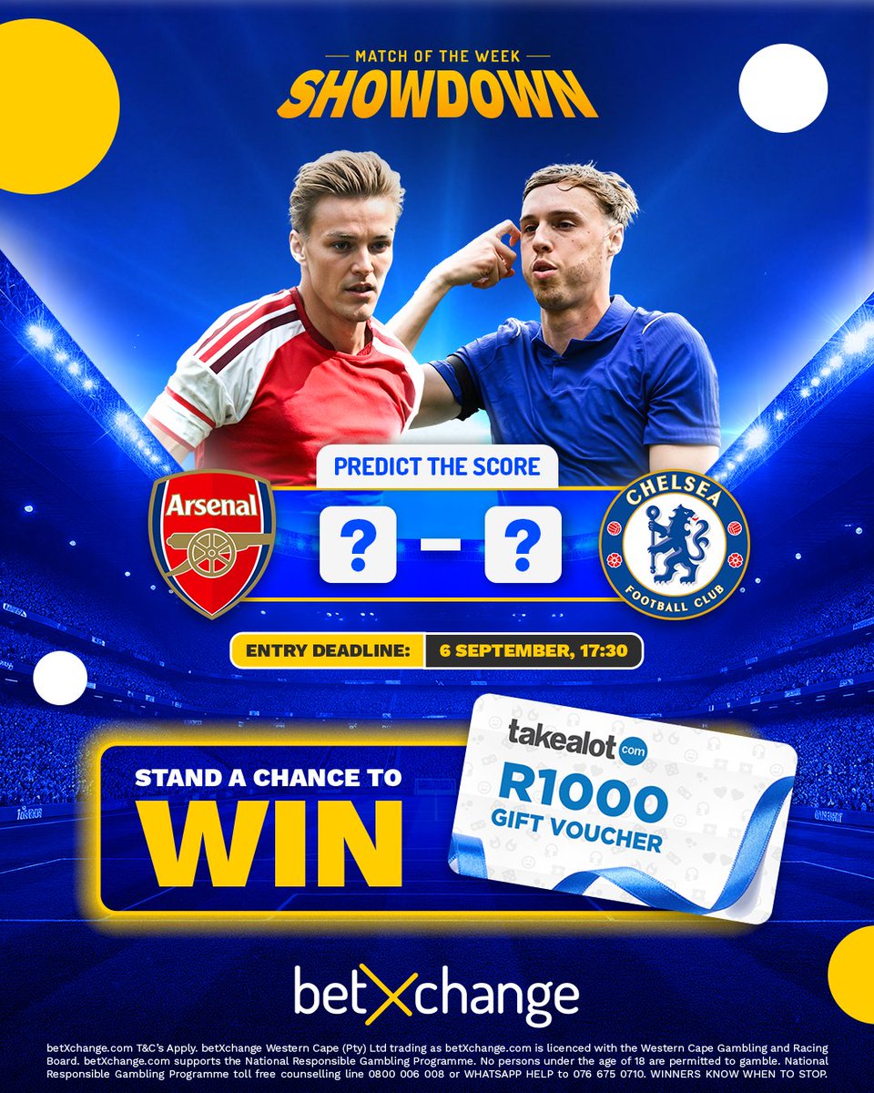 betXchange's tweet photo. ⚽ Arsenal vs Chelsea - MATCH OF THE WEEK
Call the exact score before kick-off and stand a chance to WIN. 🤑
 
✅ Comment with your exact score prediction (e.g. Arsenal 2–2 Chelsea)
✅ Tag 2 friends
✅ Like the post
 
Only those who follow all steps and prediction structure will be eligible. Closes 6 September at 17:30. T&Cs Apply.