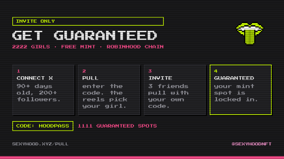 SexyHoodNFT's tweet photo. gacha is live 🎰

▸ HOODPASS

1. connect x → https://t.co/AuotBuz3YI
2. pull with the code, the reels pick your girl
3. 3 friends pull with your own code
4. guaranteed. locked.

2222 pixel girls. free mint on robinhood chain.
1111 guaranteed spots. 100 doors. code dies when they're gone.