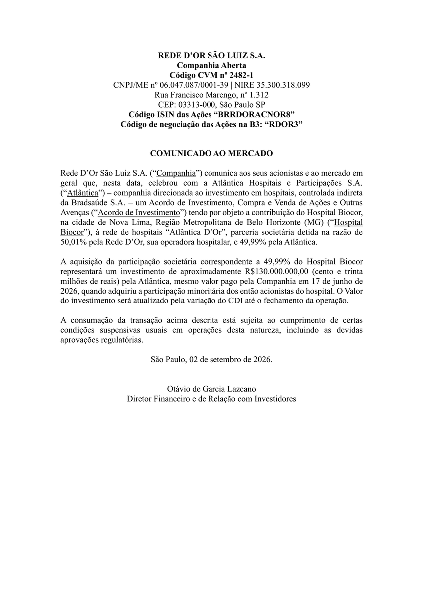 RiscoRetorno's tweet photo. #RDOR3: Rede D’Or transferirá o Hospital Biocor para a parceria Atlântica D’Or. Atlântica investirá cerca de R$130 mi por 49,99% do hospital, valor corrigido pelo CDI até o fechamento. Operação depende de aprovações regulatórias. https://t.co/vDVJ0ytk4s