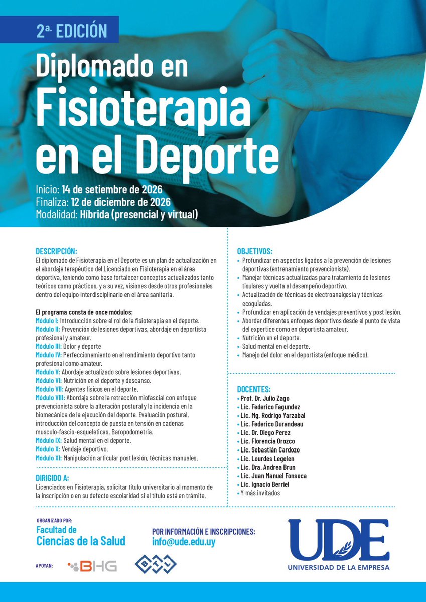 UDEPunta's tweet photo. 🏃Diplomado en Fisioterapia en el Deporte – 2.ª edición
📅 Inicio: 14/09/2026
💻 Modalidad híbrida
🎓 Para Licenciados en Fisioterapia
Actualizá tus conocimientos en prevención, lesiones, rendimiento y recuperación deportiva.
📩 udepunta@ude.edu.uy
#UDE #Fisioterapia #Deporte https://t.co/aEFnFU91KN