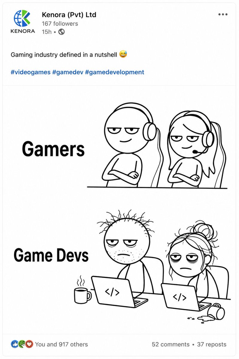 KenoraPvtLtd's tweet photo. Gamers: “This game is awesome!” 😎
Game Devs: “You have NO idea what we went through…” 💀

#gamedev #gamingmeme #gamedevelopment #gamedeveloper #developerlife #programmingmeme #codingmeme #gaminghumor #techmeme #relatable https://t.co/TWMoDat9IQ