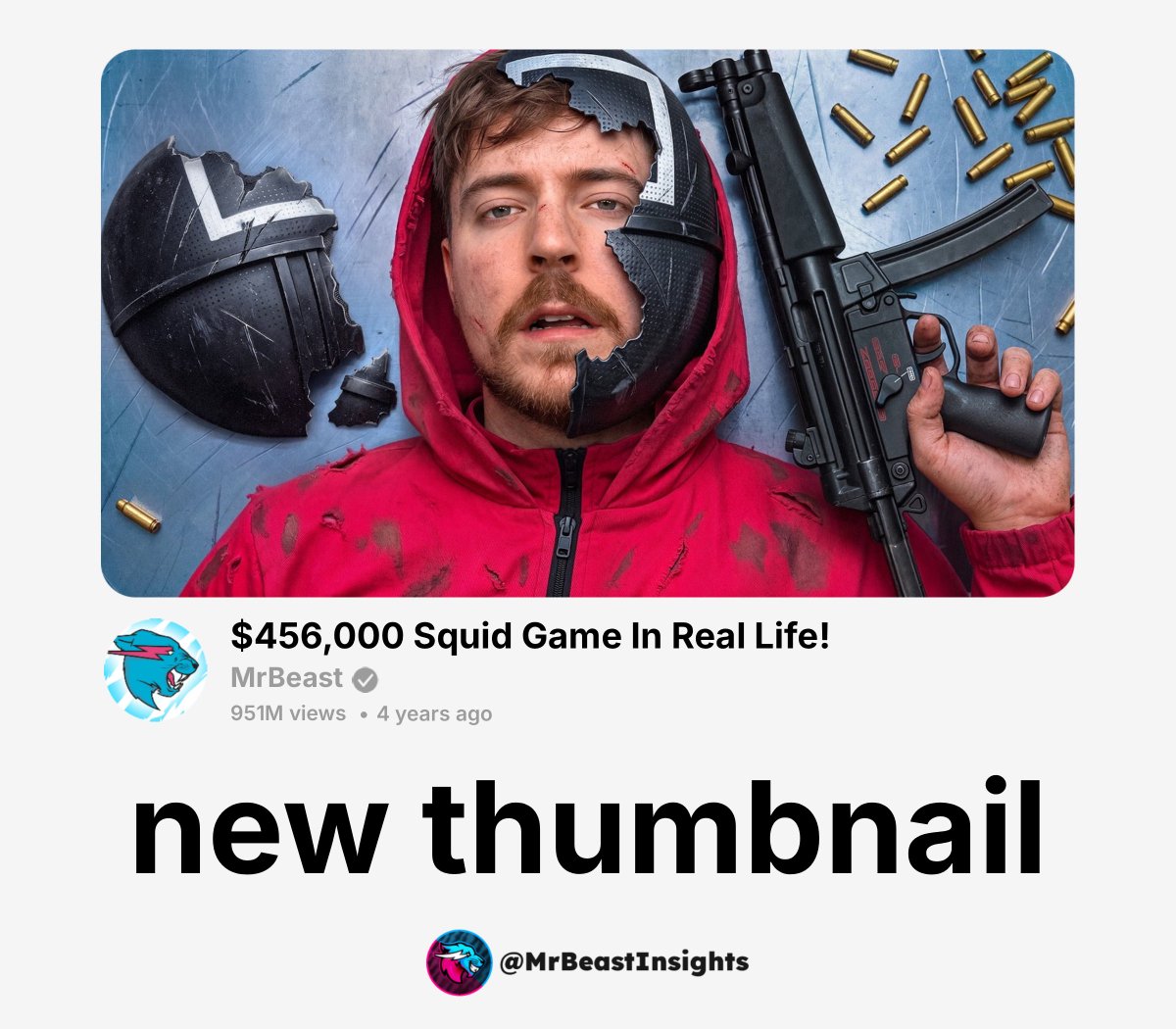 MrBeastInsights's tweet photo. MrBeast's new thumbnail for his "$456,000 Squid Game In Real Life!" video.

What do you think? https://t.co/Iz3auwmroP
