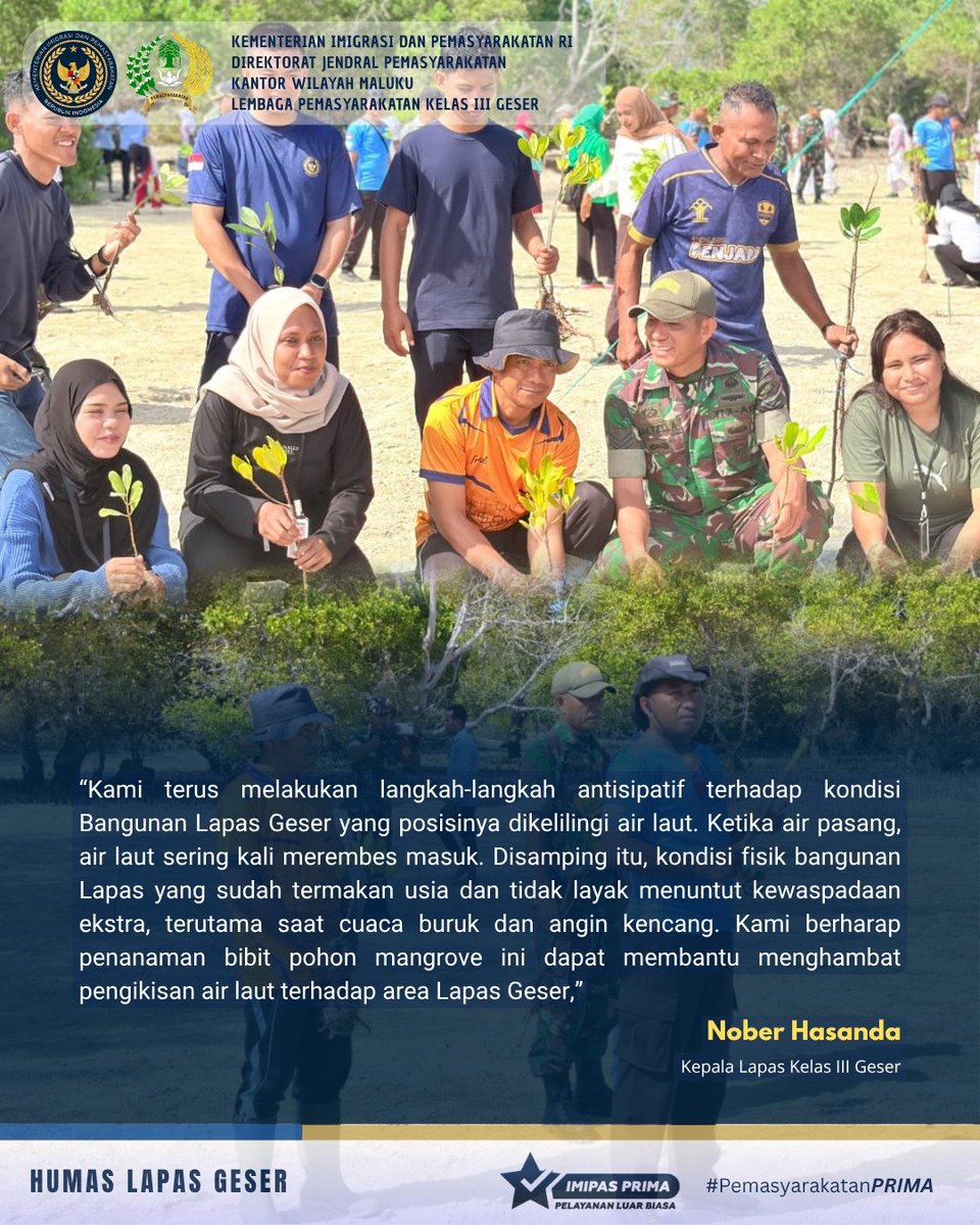 lapas_geser's tweet photo. Sinergi Lapas Geser &amp; Koramil Geser Lakukan Penanaman Bibit Pohon Mangrove Sambut HUT TNI ke-81 TNI Kodam XV/Pattimura.

Selengkapnya kunjungi ⛓️‍💥👇🏻 
https://t.co/4FCpFj8dgm

#Kemenimipas
#ditjenpas
#kanwilditjenpasmaluku
#kakanwilditjenpasmaluku
#rickydwibiantoro
#arika https://t.co/mrRCM280IN
