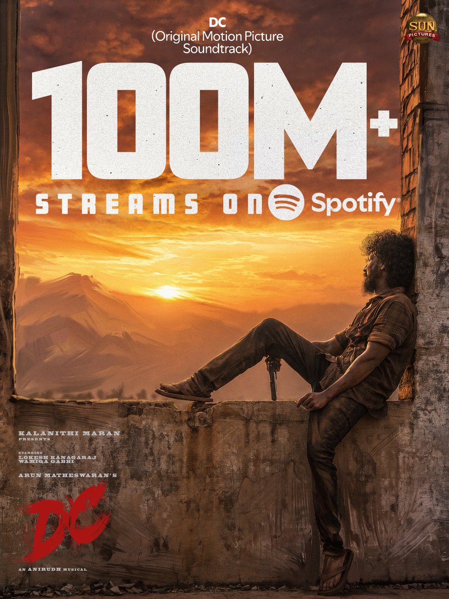 sunpictures's tweet photo. The #DC musical storm continues to roar! 🎧🌪️ Massive 100M+ streams for #DC Album on Spotify! 🔥🌹

🎵 https://t.co/M4EPquP38t

@Dir_Lokesh @ArunMatheswaran @anirudhofficial #WamiqaGabbi @isanjkayy @mukesh_DOP @editor_prasanna @skannanartdir @PC_stunts @kabilanchelliah @kuchirayar73 @RIAZtheboss