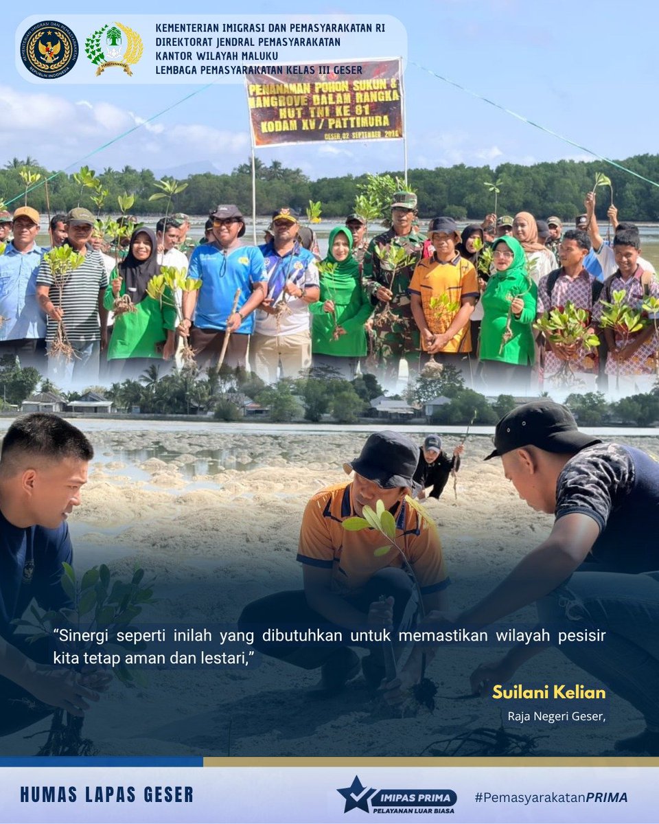 lapas_geser's tweet photo. Sinergi Lapas Geser &amp; Koramil Geser Lakukan Penanaman Bibit Pohon Mangrove Sambut HUT TNI ke-81 TNI Kodam XV/Pattimura.

Selengkapnya kunjungi ⛓️‍💥👇🏻 
https://t.co/4FCpFj8dgm

#Kemenimipas
#ditjenpas
#kanwilditjenpasmaluku
#kakanwilditjenpasmaluku
#rickydwibiantoro
#arika https://t.co/mrRCM280IN