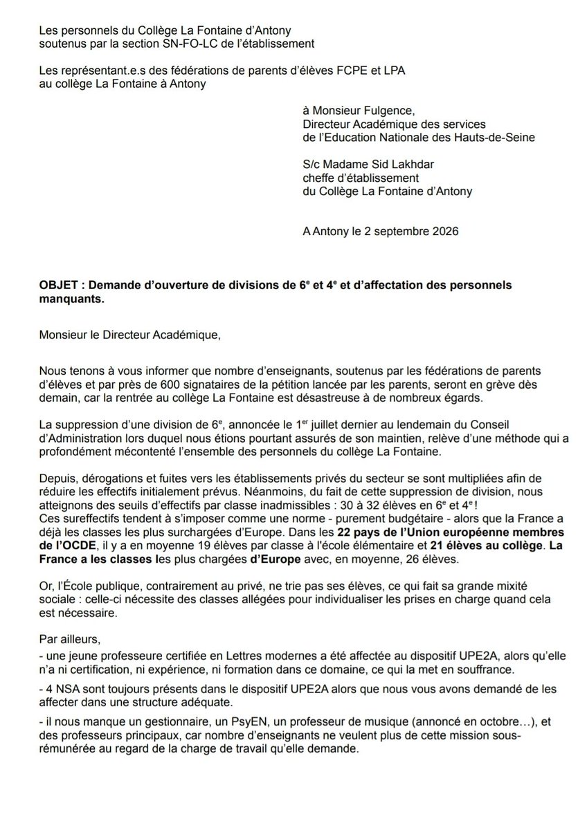 Snfolc92's tweet photo. Rassemblement à 8h00 devant le Collège La Fontaine Antony #HautsDeSeine, établissement en grève. #EnGreve. Demande d’ouverture de divisions de 6eet 4e et d’affectation des personnels manquants.
Pas de moyens Pas de rentrée 
#Rentrée2026 #EducationNationale #MacronRendLArgent https://t.co/13BArgZwtn