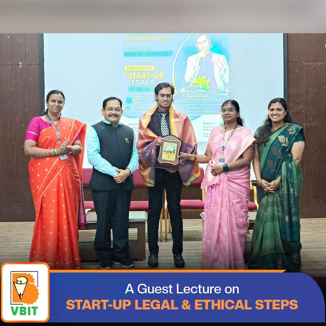 VBITHYD's tweet photo. Fostering Legal & Ethical Awareness in the Digital Era!
The Department of CSE (Cyber Security) and the Department of Business Management, VBIT, successfully organized a Guest Lecture on "Start-Up Legal & Ethical Steps".
#VBIT #GuestLecture #Startup #StartupLegal #CyberSecurity https://t.co/K7Dbad9oWT