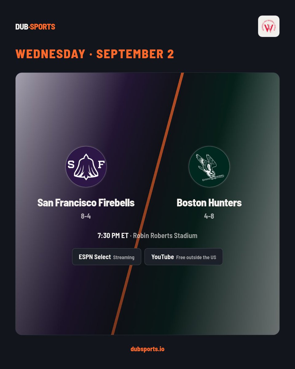 dubsportsapp's tweet photo. One game today for the #WPBL! The first and last place teams in the league, SF Firebells and Boston Hunters. On ESPN Select in the US, and YouTube for international viewers https://t.co/KxtJkpSzAe