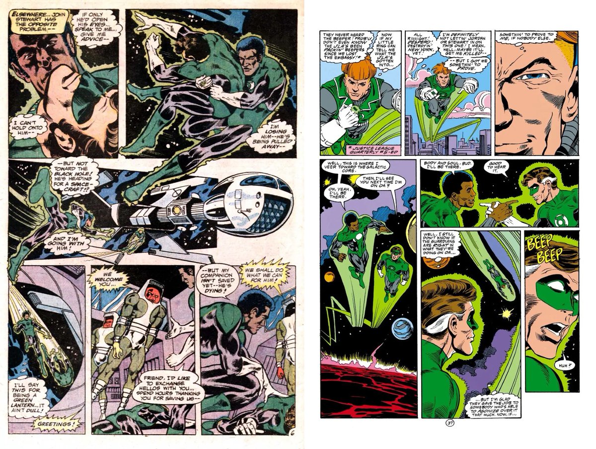 619_tr's tweet photo. You guys are wrong. Comic Hal and John have been friends for over 50 years. Why use non-canon 1971 comics to make a point ? Even then it wasn't racial bias. Hal thought John having a huge chip on his shoulder would be a problem. Before meeting John, Hal helped a Black community https://t.co/tGBx6ukgvt