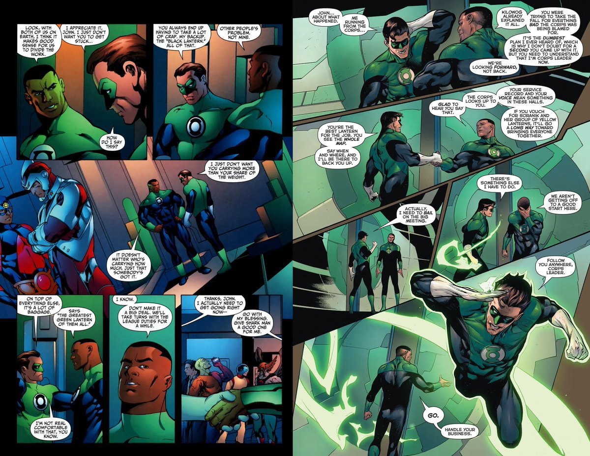619_tr's tweet photo. You guys are wrong. Comic Hal and John have been friends for over 50 years. Why use non-canon 1971 comics to make a point ? Even then it wasn't racial bias. Hal thought John having a huge chip on his shoulder would be a problem. Before meeting John, Hal helped a Black community https://t.co/tGBx6ukgvt