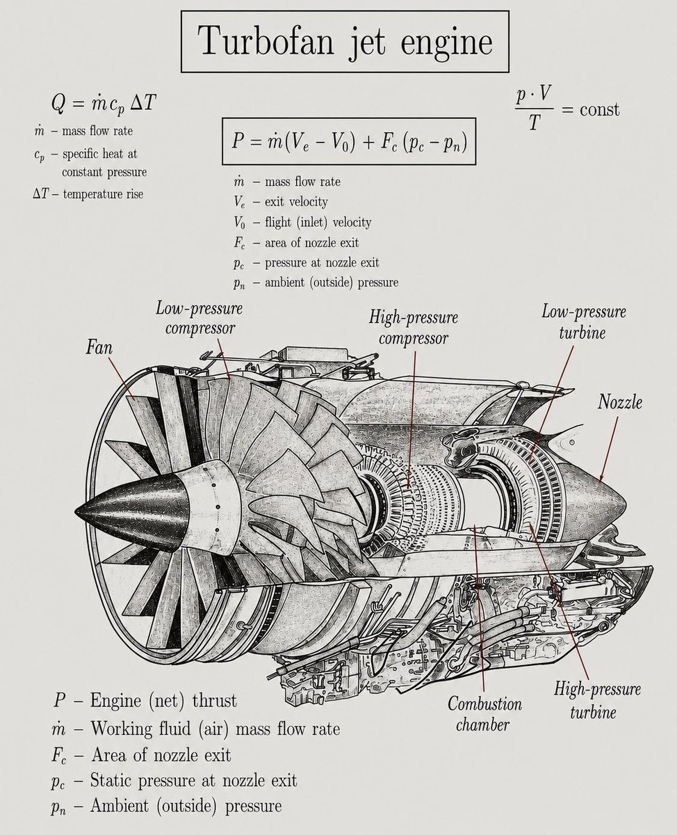 mathemetica's tweet photo. How can a jet engine get most of its push from air it hardly heats? 

The giant fan accelerates a huge mass of cool air only slightly; the hot core mainly powers that fan. 

Net thrust is the change in momentum plus leftover pressure at the nozzle: 
P = ṁ(Vₑ − V₀) + F_c(p_c − p_n) 
Combustor heat is simply Q = ṁ c_p ΔT. 

This architecture lets airliners cross oceans on remarkably little fuel. The smallest energy increments often move the largest masses.