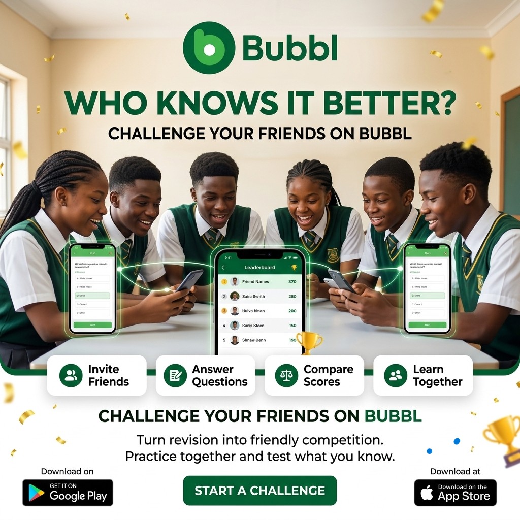 withbubbl's tweet photo. Who knows it better?
Challenge your friends on Bubbl, answer questions, compare scores, and make exam preparation more exciting.
Study together. Compete together. Grow together.
🌐https://t.co/ifRi8K8CcD
#BubblApp #ChallengeYourFriends #JAMBPrep #WAECPrep #CBTPractice #StudySmart https://t.co/Ilrzlkx4hf