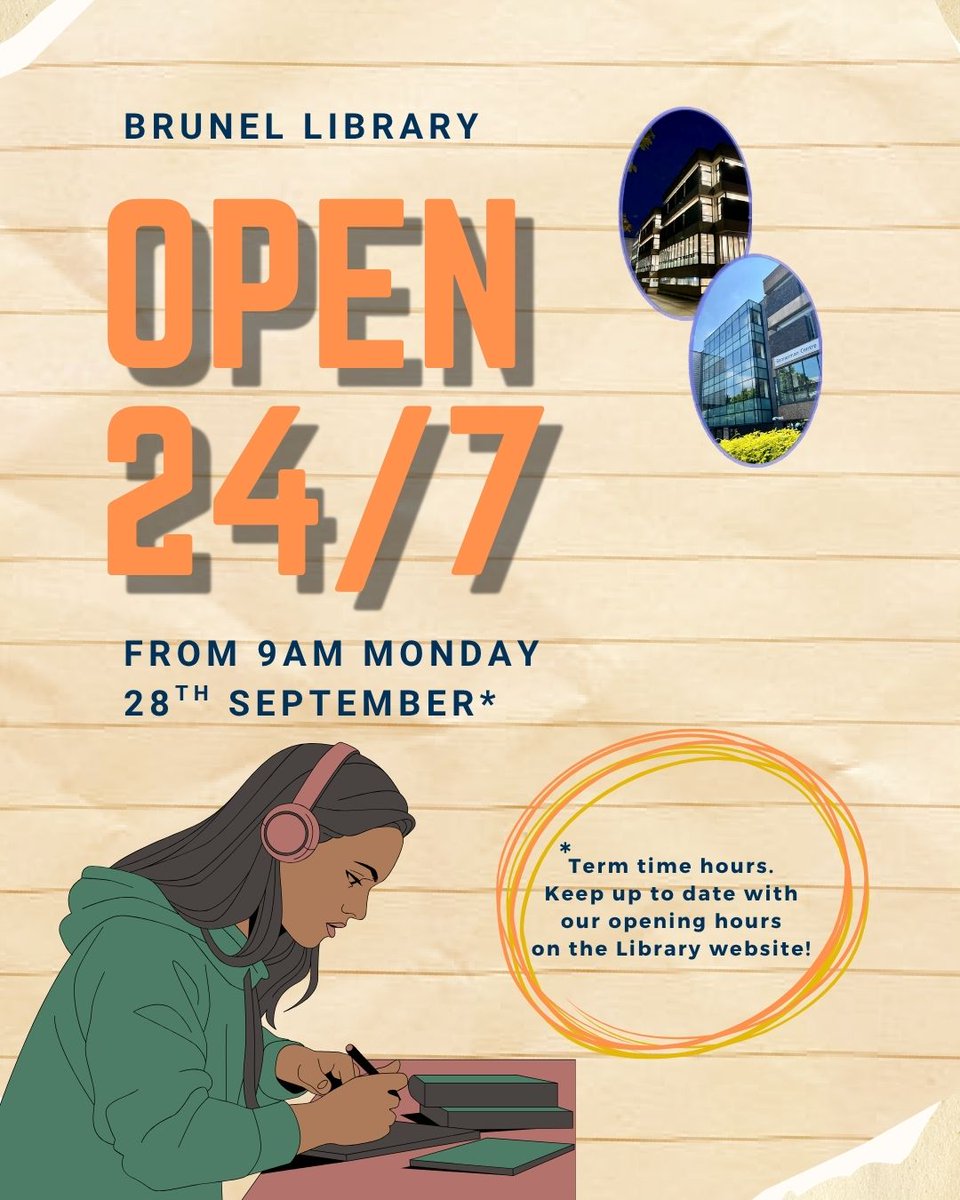 Brunel_Library's tweet photo. 24/7 opening at the Library resumes at the end of the month, ready for the start of term. Hurray! https://t.co/YmVk89ivD0