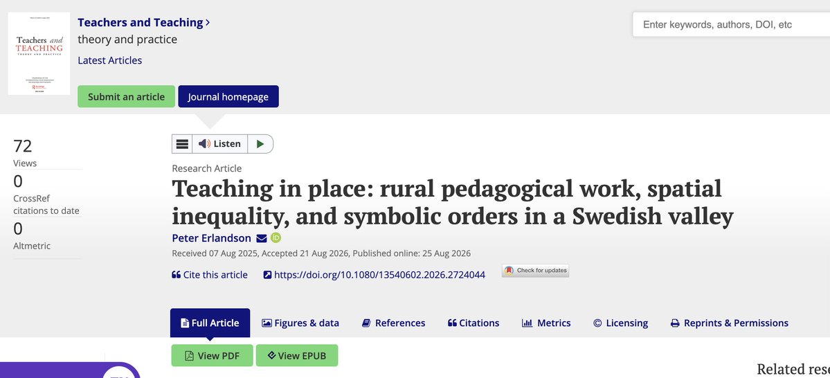AERABourdieuSIG's tweet photo. Erlandson 2026 'Teaching in place: rural pedagogical work, spatial inequality, and #symbolic orders in a Swedish valley'
(https://t.co/4HBbruHxy5) #rurality #sociology #educhat https://t.co/TqnYkYCCDj