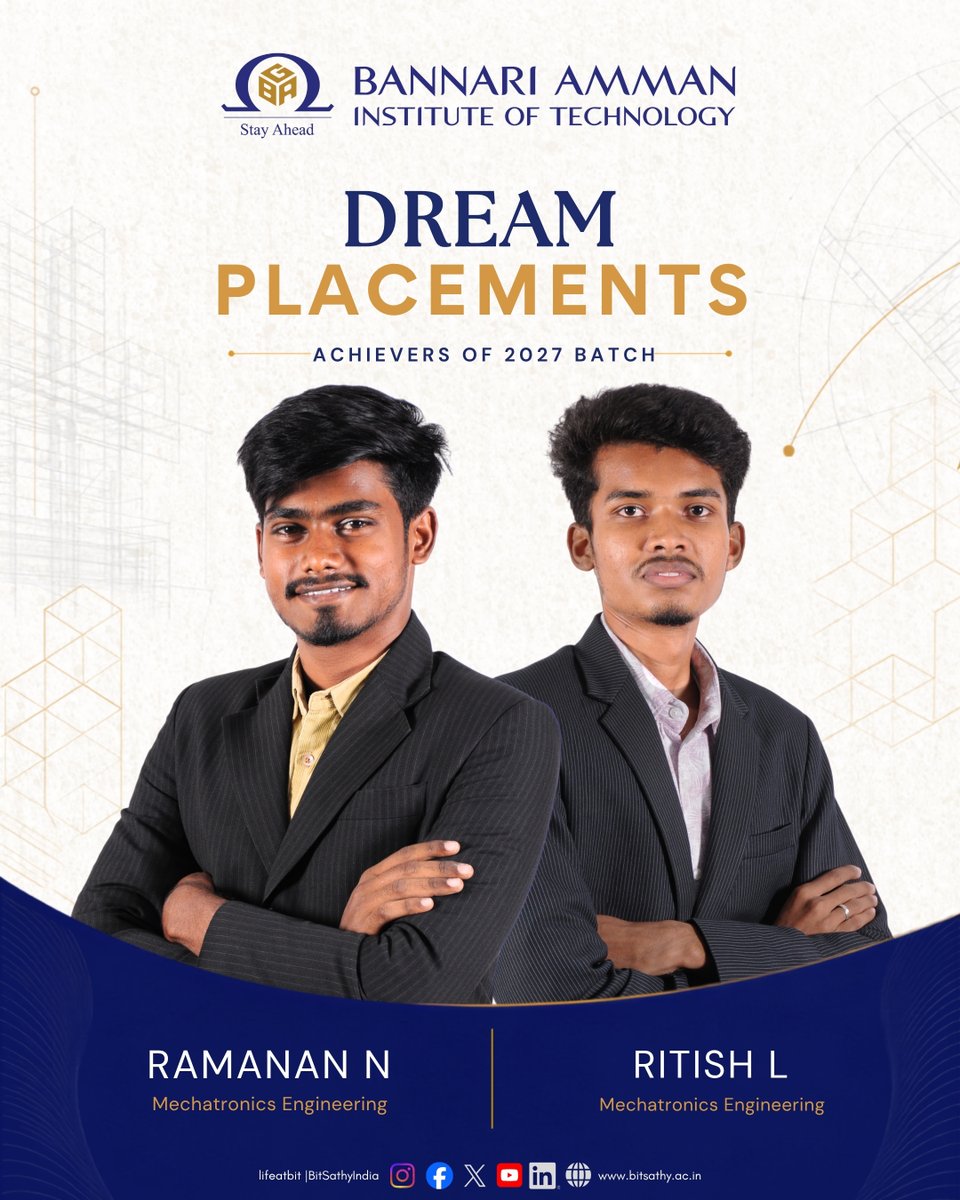 Bitsathyindia's tweet photo. Huge congrats to Ramanan N &amp; Ritish L (Mechatronics Engineering - 2027 Batch) for securing Dream Placement Offers! 💼✨

#DreamPlacements #Mechatronics #RoyalAutomation #Batch2027 #TNEA2026 #lifeatbit #bitsathy https://t.co/wdcyK0GgHQ