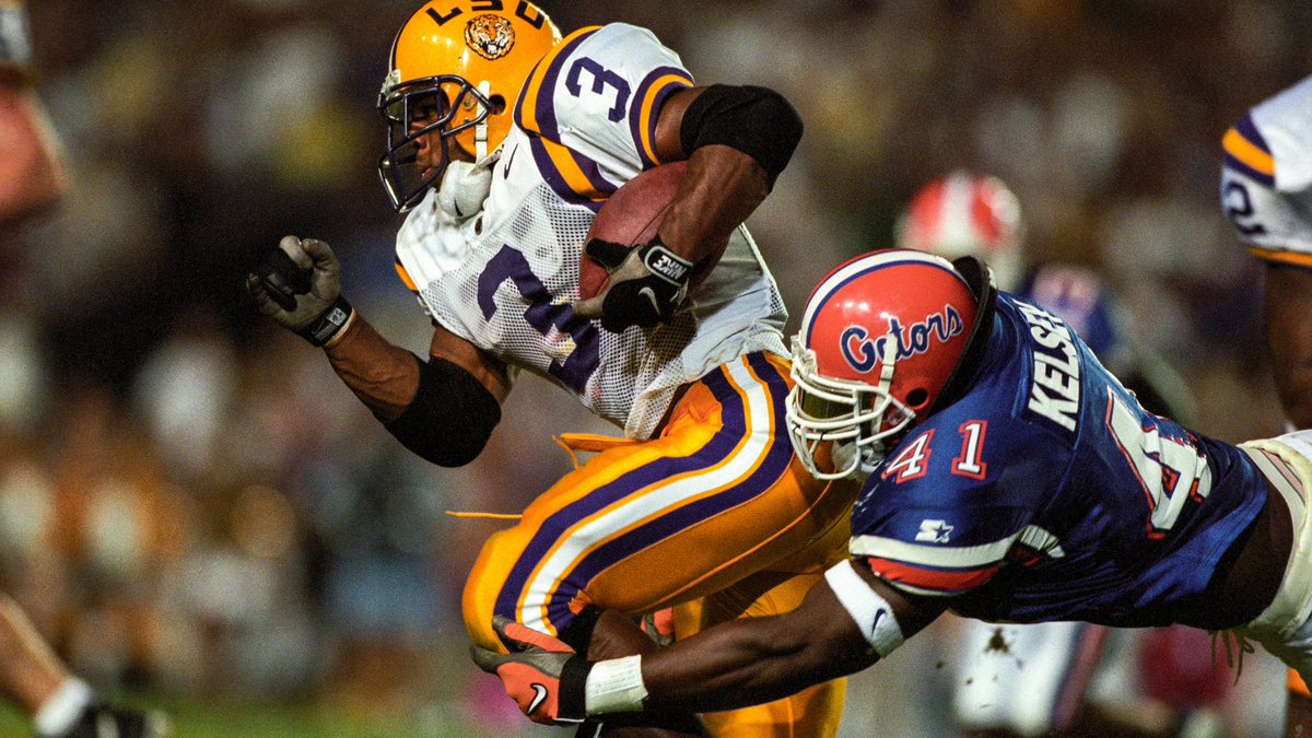 DSports24's tweet photo. The 🐐 catapulted @LSUfootball into the 21st Century! #AllEyezOn3 @feezy_k checks in today on #JerseyCountdown Faulk capped his record-setting LSU career as the SEC’s all-time leader in all-purpose yds w 6,833. LSU’s all-time leader in rushing yards (4,557) & rushing TDs (46) 3️⃣ https://t.co/Gt09PfHL8d