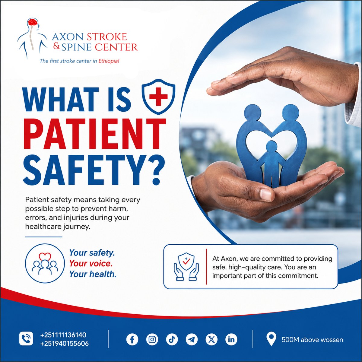axon_stroke's tweet photo. #Safecare starts with open communication. At Axon, your voice matters, your #safety is our priority, and your #health is our mission.

Axon Stroke &amp; Spine Center 
📍   500m above Wossen
📞+251 11 113 6140 | +251 94 015 5606

#AxonStrokeAndSpineCenter #PatientSafety https://t.co/RC3bOOWI8v