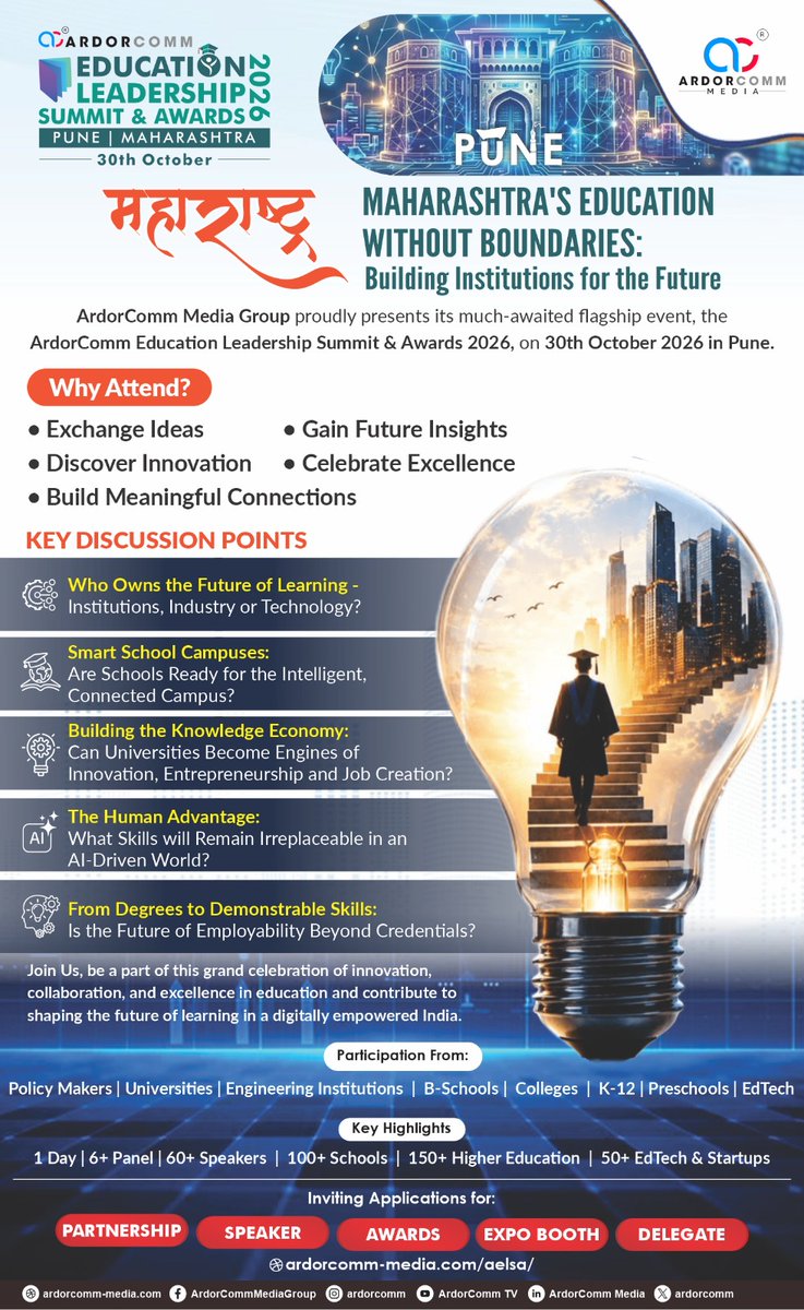 ardorcomm's tweet photo. 🚀 ArdorComm Media Group is delighted to announce its flagship and biggest event in Maharashtra— The ArdorComm Education Leadership Summit &amp; Awards 2026, scheduled for 30th October in Pune

🔗 To Enquire and Reserve your Seats Visit: https://t.co/BNPWwwtDB4

#AELSA2026 #AELSAPune https://t.co/UtxVbBNPJb